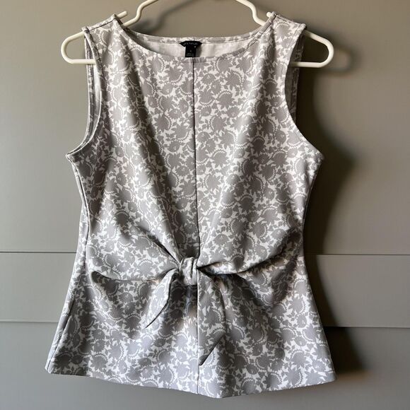 Ann Taylor Sleeveless Top Womens Small Gray White Floral Bow Tie Waist Blouse - Picture 1 of 9